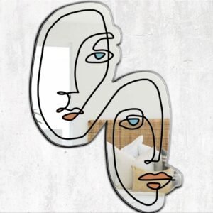 Circular mirror featuring a simple line drawing of a face.