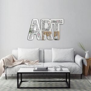 Art supplies and mirror with inscribed frame.