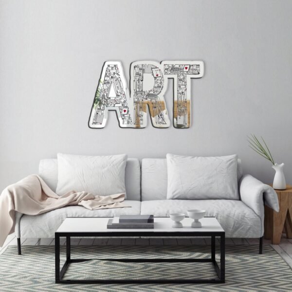 Art supplies and mirror with inscribed frame.