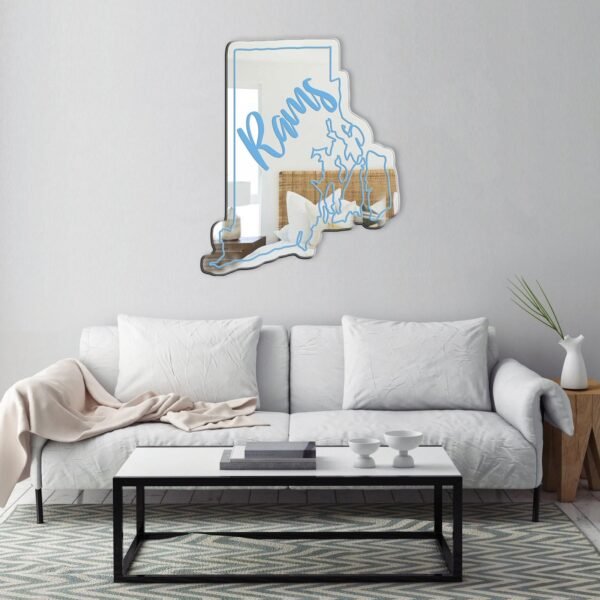 Rhode Island Rams logo on a circular mirror.