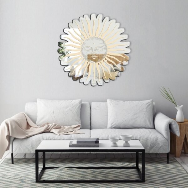 Decorative mirror featuring a luminous sun design.