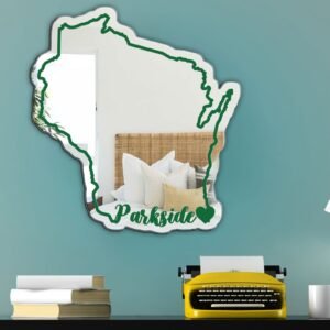 Mirror with 'UW-Parkside' in cursive over Wisconsin outline.