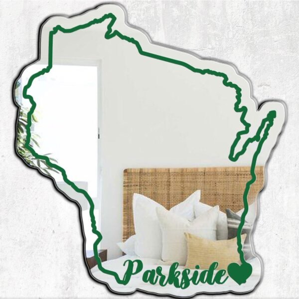 Decorative mirror featuring UW-Parkside and state shape.