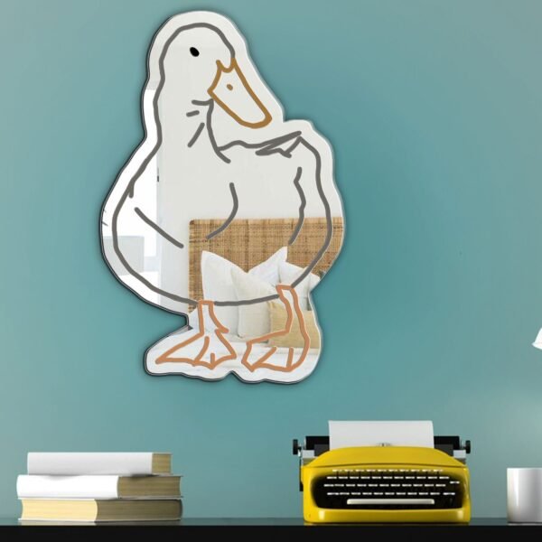 Decorative duck-shaped mirror on a white wall.