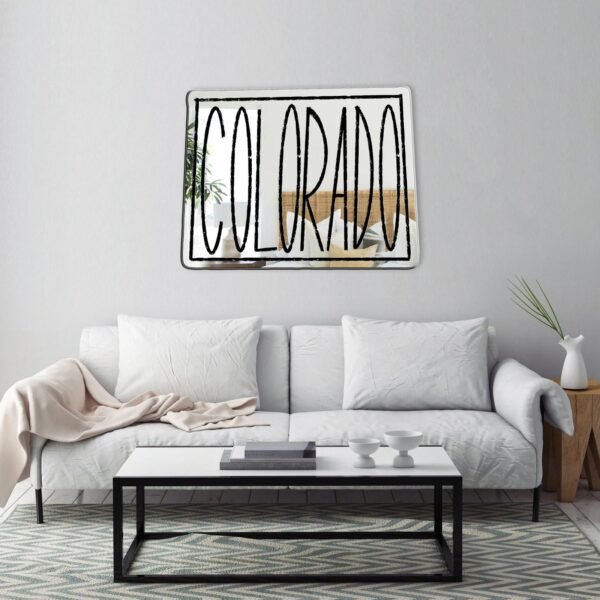 Colorado State-themed mirror with mountain and forest etching.
