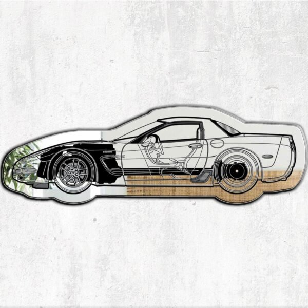 Mirror featuring detailed blueprint of a C5 Corvette Z06.