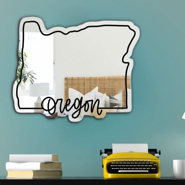 Round Oregon mirror with rustic wood frame.