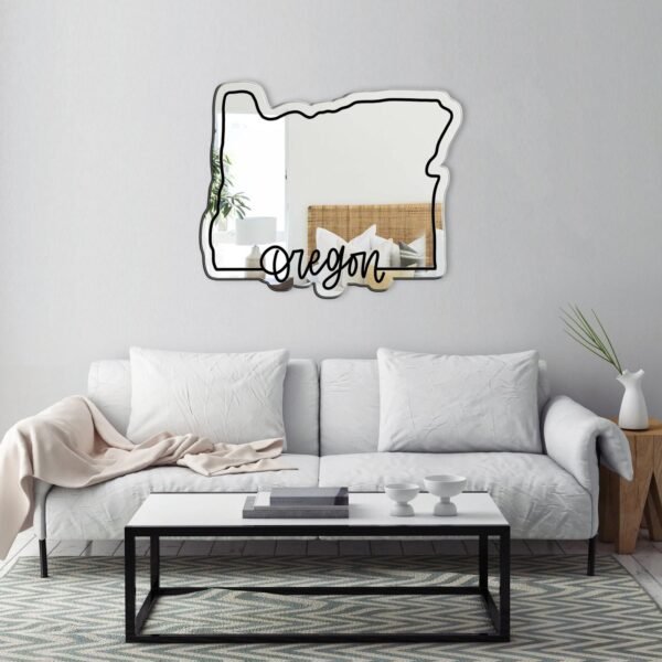 Decorative Oregon-themed wall mirror with map.