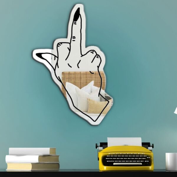 Wall mirror designed as an upright middle finger gesture.