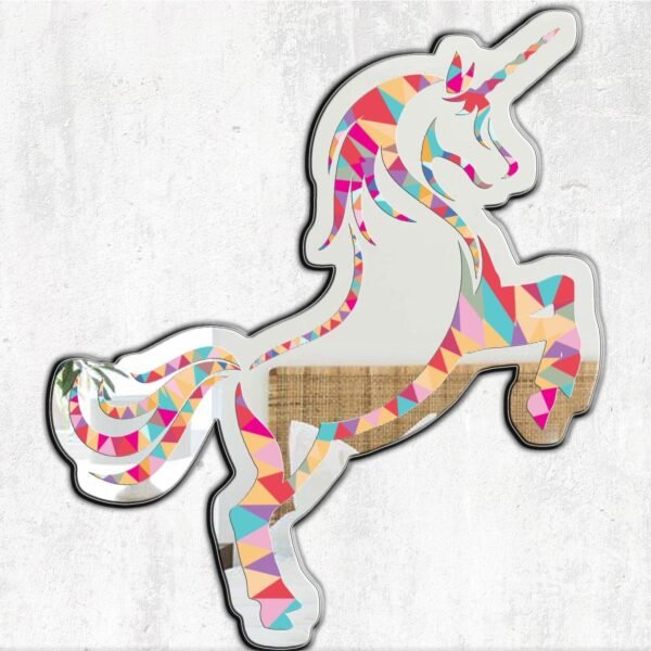 Mirror in the shape of a unicorn with geometric design.