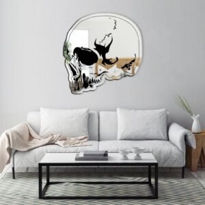 Frameless mirror shaped like a skull.