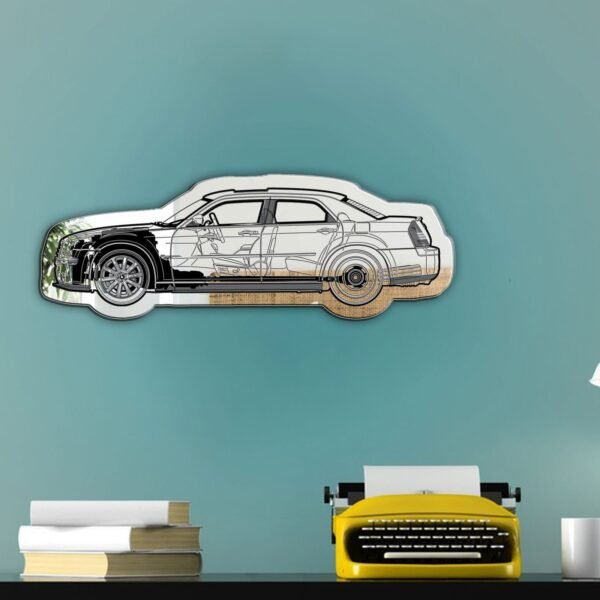 Wall mirror shaped like a 2005 Chrysler 300C SRT8 blueprint.