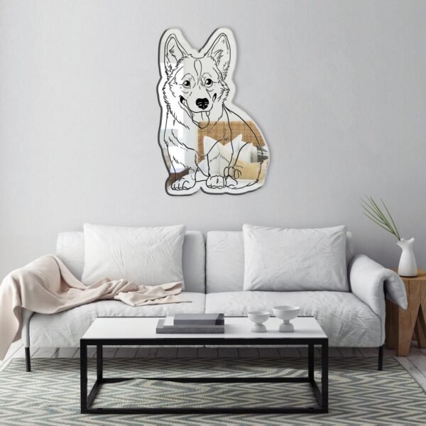 Reflective Corgi silhouette frameless mirror.