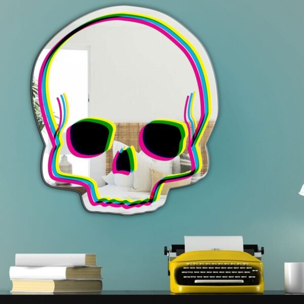 Neon-lit skull-shaped mirror with adhesive backing.