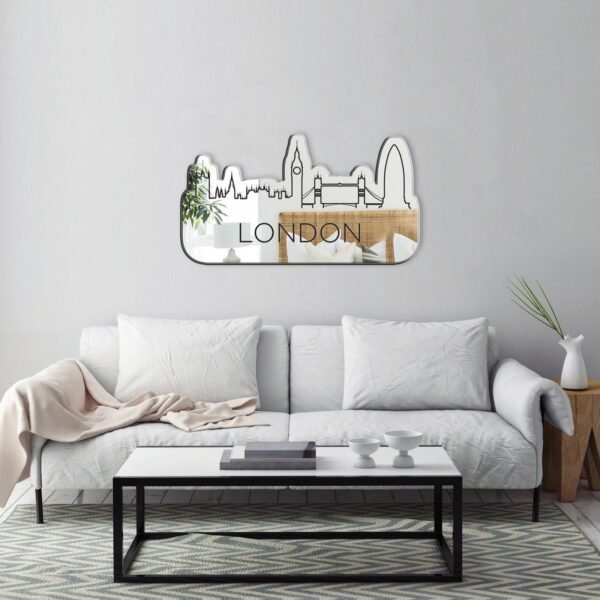 Adhesive mirror showcasing the London city skyline with iconic landmarks.