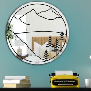 Mirror with mountain lake scene printed on adhesive backing.