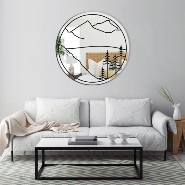 Adhesive mirror featuring serene mountain lake design.