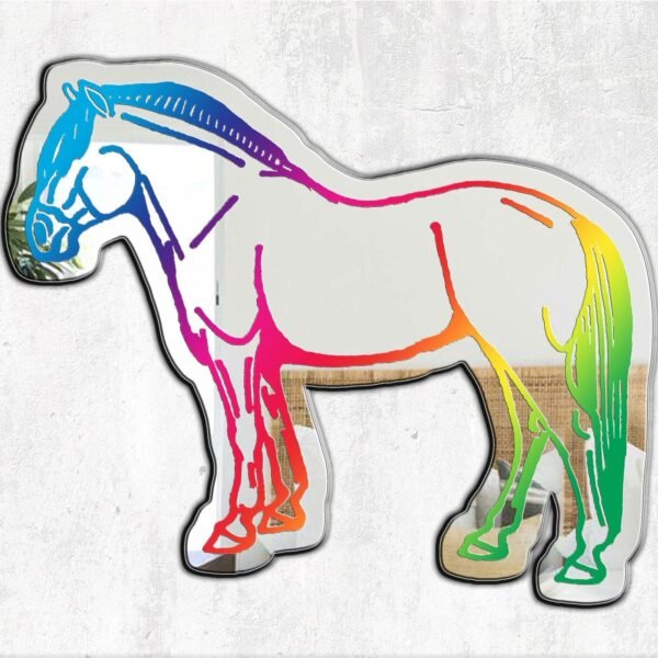 Adhesive mirror featuring a rainbow-colored horse in a dynamic pose.