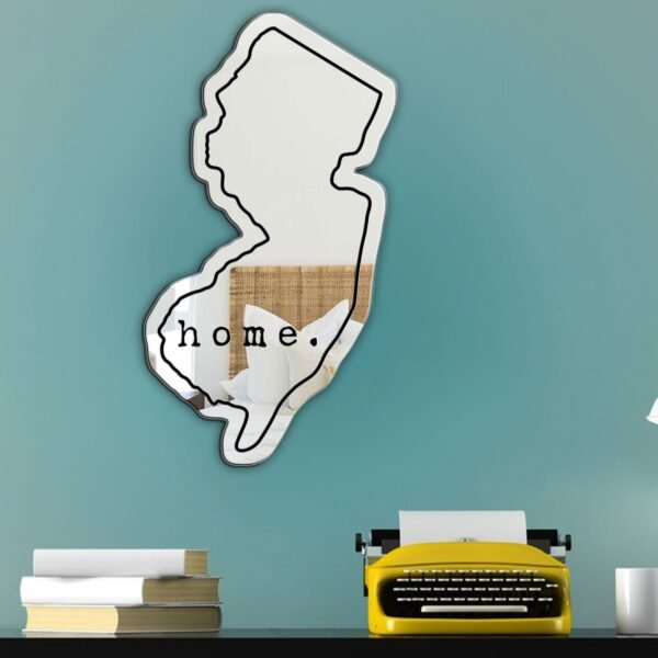 Wall mirror shaped like New Jersey with a wooden frame.