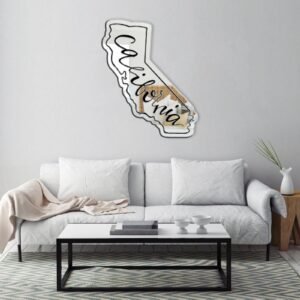 Wall-mounted mirror in the shape of California, with a minimalist design.