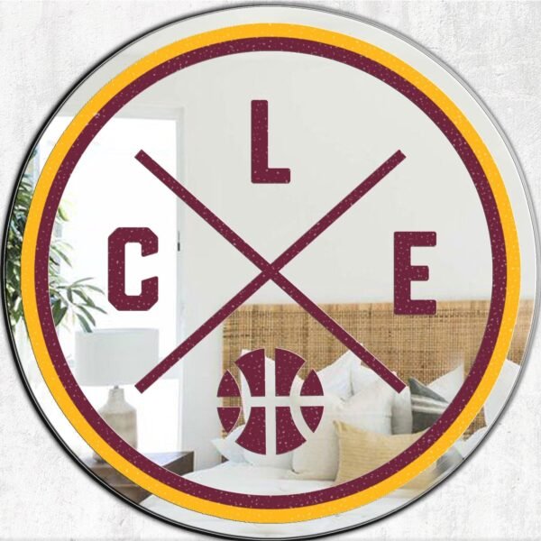 Wall-mounted mirror with a "CLE" design inspired by Cleveland basketball, featuring bold and classic typography.