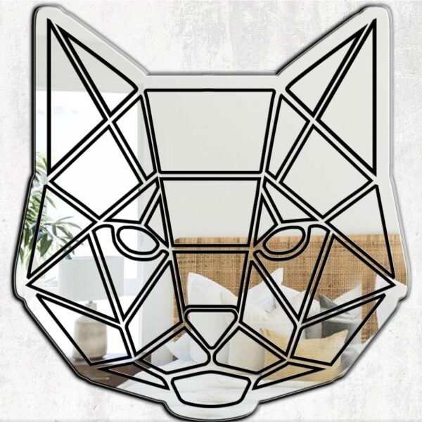 Wall-mounted mirror with black and white geometric cat design.