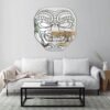 A bold and detailed samurai mask design in an artistic mirror format.