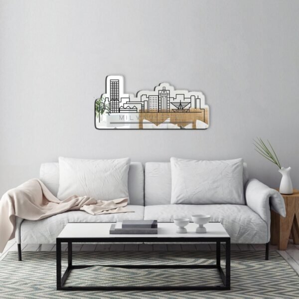 Decorative mirror featuring the Milwaukee cityscape.