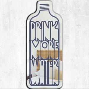 "Drink More Water" bottle quote on navy mirror background.