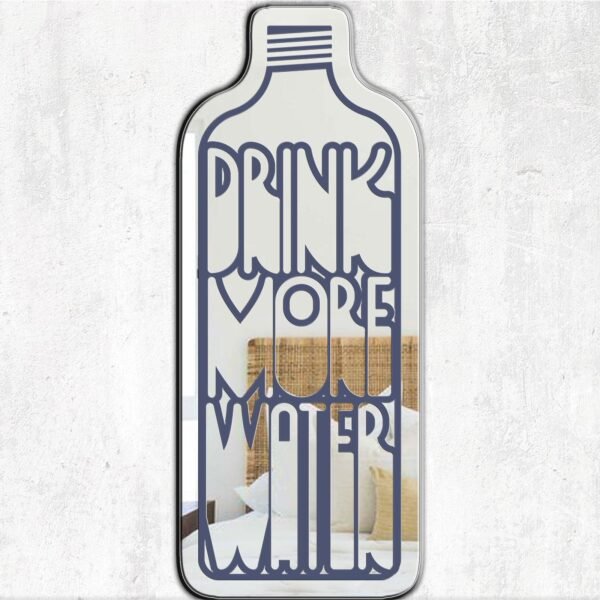 "Drink More Water" bottle quote on navy mirror background.