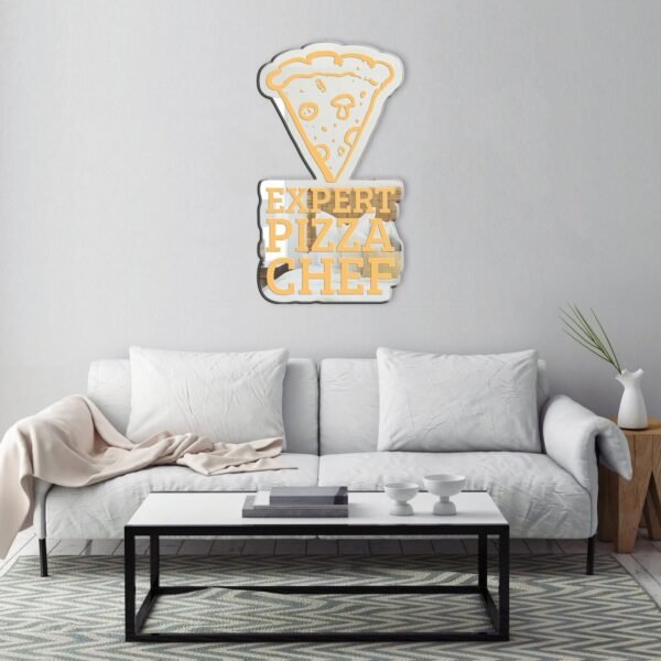 Custom-painted mirror featuring a humorous quote: "Funny Expert Pizza Chef," with a playful meme design.