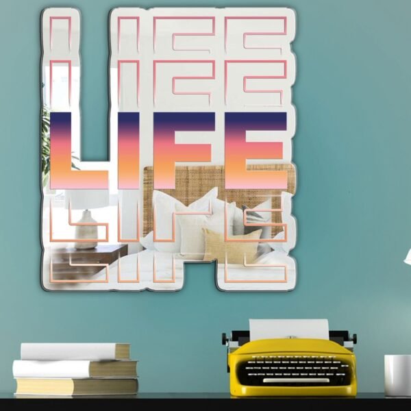 Custom-painted mirror featuring colorful "Life" text with a garden-inspired design.