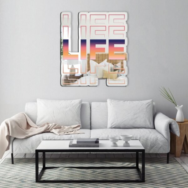 Custom-painted mirror with colorful "Life" text in a garden-inspired design.