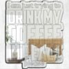 .'A custom-painted mirror with the phrase "I am just trying to drink my coffee in peace" written in a playful, whimsical font.