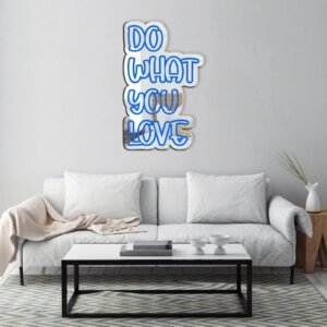 Custom-painted mirror with "Do What You Love, Love What You Do" in white and blue sans-serif typography.