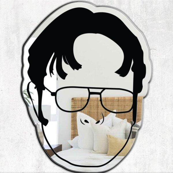 Custom-painted mirror featuring a design inspired by Dwight Schrute from The Office.