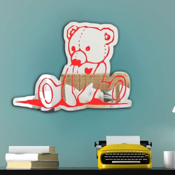 A custom-painted mirror featuring a cute teddy bear illustration in vibrant colors.