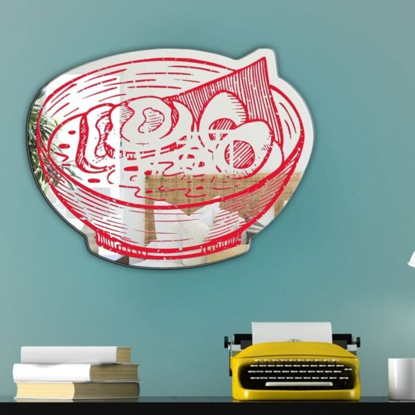 Decorative mirror featuring red pork ramen and kanji.