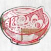 A mirror featuring a unique painted design of pork ramen with red tones and kanji characters.