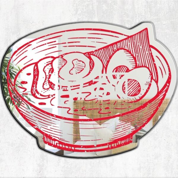 A mirror featuring a unique painted design of pork ramen with red tones and kanji characters.