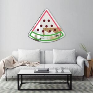 A mirror with a unique painted watermelon pattern, featuring vibrant red and green slices.