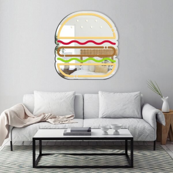 Minimalist burger print on a sleek mirror.