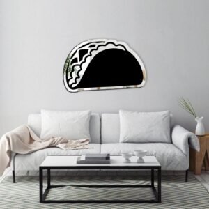 .Round mirror with a taco illustration printed on the surface.