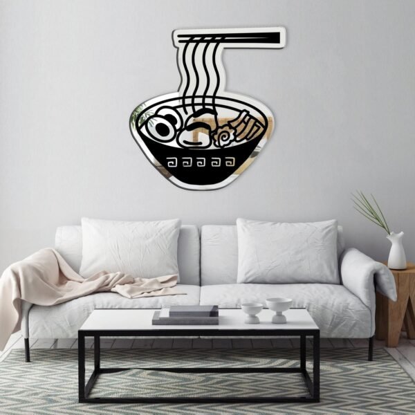 Minimalist black and white illustration of a ramen bowl on a mirror.