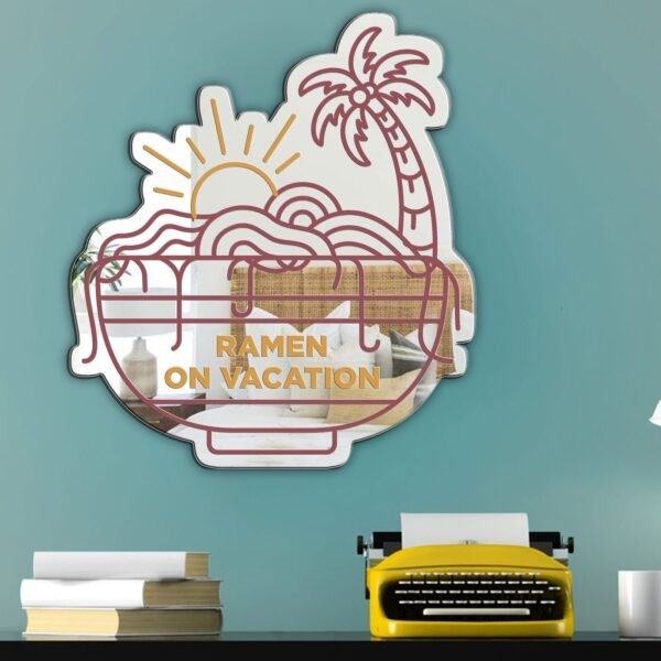 Decorative mirror featuring a ramen bowl with travel icons.