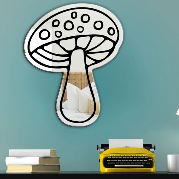 Doodle-style mushroom illustration on a mirror.