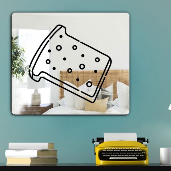 Mirror with a black line illustration of a piece of bread.