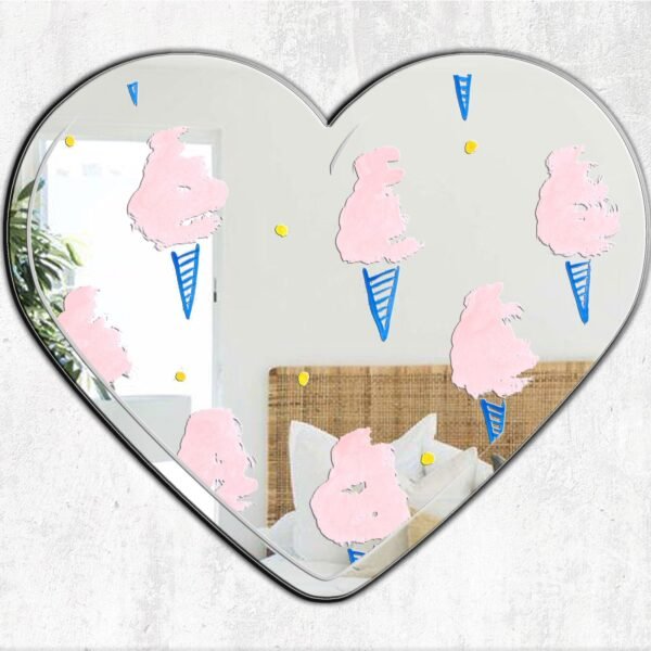 Heart-printed cotton candy designs on mirror.