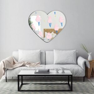 Wall mirror framed by pink heart prints.