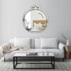Contemporary design mirror with a black pomegranate icon.